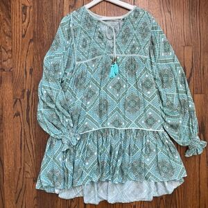 Harni Boho Tunic Dress Women's‎ XS Turquoise Blue Long Sleeve Mini Smocked